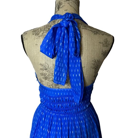 INTERMIX Silk Halter Cutout Maxi Dress Blue Smocked Tiered Lined Resort XS NWOT - Picture 5 of 12